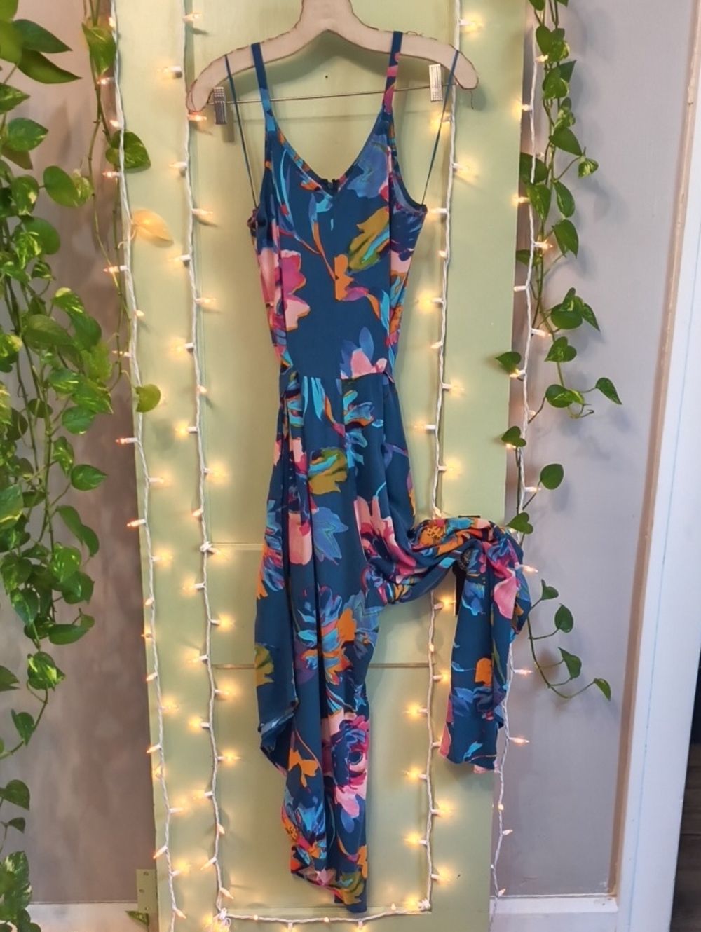Women's MSK blue Pink Orange Floral Spaghetti Jumper Tissue Dress L